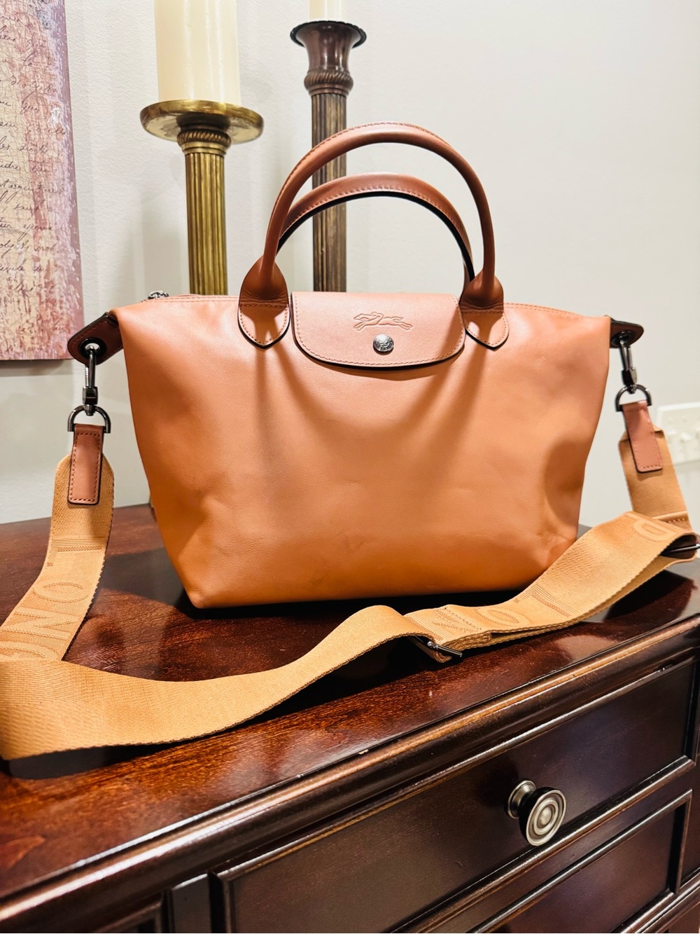 Longchamp Tan Leather Shoulder Tote with Removable Strap Le Pliage XS S